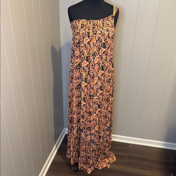 NWT Nekane Maxi Women’s 12 Dress Orange Black Asymmetrical One Shoulder Sundress - Picture 1 of 6
